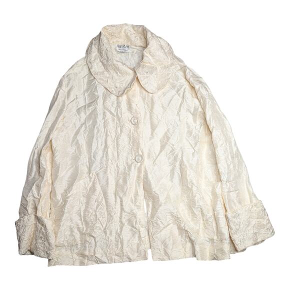 Vtg Y2K An Ren Ivory 100% Silk Crinkled Fabric Floral Embroidered Jacket L - Picture 1 of 5